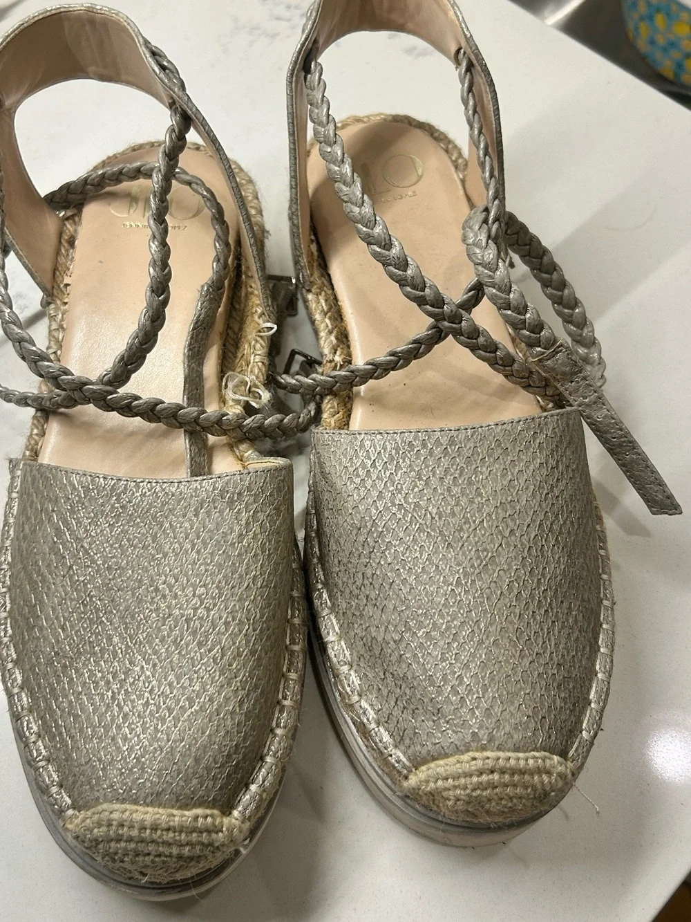 Jennifer Lopez Metallic Silver Braided Espadrille Sandals